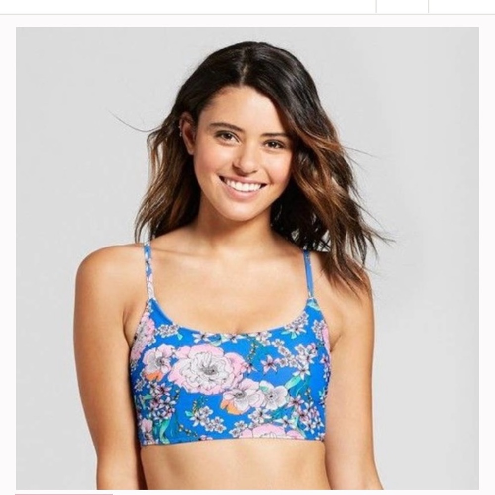 Xhiliration Midkini Blue Floral Laceup Bikini Top Size S